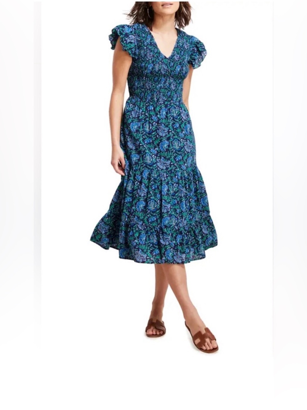 Vineyard Vines Navy with Teal and Light Blue Floral Trim Maxi Dress, Small